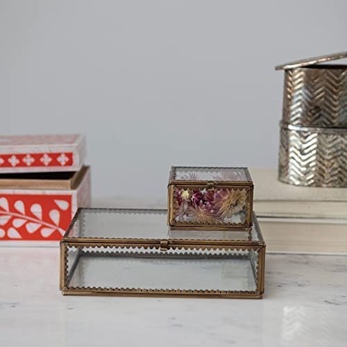 Creative Co-Op Brass and Glass Display Box with Scalloped Edges and Antique Finish, Brass Color - size: 3" Square x 1.75"H