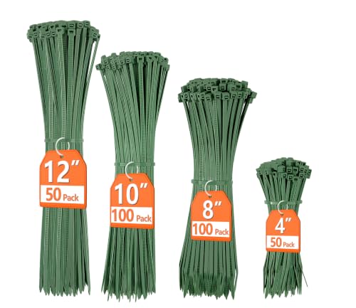 Premium PA66 Green Zip Ties 200 Pack, Heavy Duty Assorted Sizes | 22-55lb Strength, UV Resistant, 12+10+8+4 Inch Self-locking, for Garden Plants Floral Arrangements Holiday Lights - color: Dark Green, size: 4+8+10+12 inch (200 pcs)
