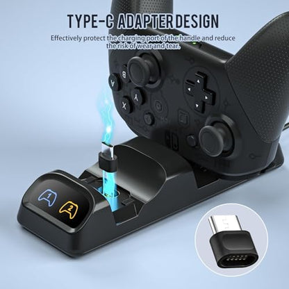 Switch 2 Pro Controller Charger Dock, Dual USB-C Charging Station for Switch Pro Controller, Compatible with PS5, Xbox Series X|S and Elite Series 2, LED Indicators, USB-C Adapters Included