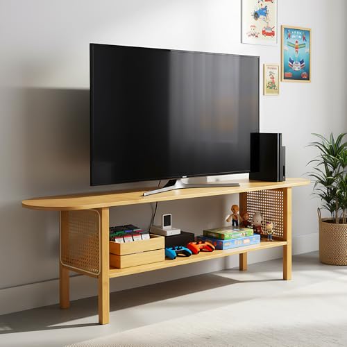Tiita TV Stand with Storage for TVs up to 65'', Bamboo TV Console Entertainment Center with 2 Open Shelf, Mid Century Modern Media Console for Living Room, Bedroom, Wood - color: Classic Wood