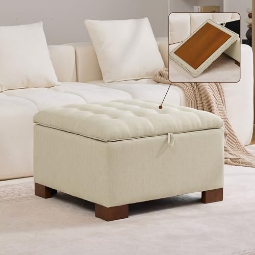 WUTUTUEE 30" Fabric Square Storage Ottoman with Wooden Tray, Modern Tufted Button Footstool Coffee Table, Upholstered Large Ottoman for Living Room, Bedroom, Khaki - color: Khaki, size: 30 Inch