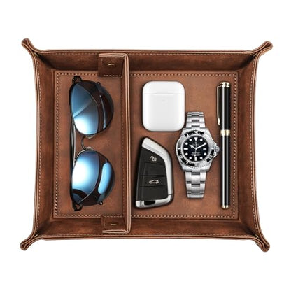 SITHON Valet Tray Desktop Storage Organizer, Removable 2 Compartments Catchall Tray Bedside Vanity Nightstand Caddy Holder Desk Storage Plate, Graduation, Brown - color: Brown