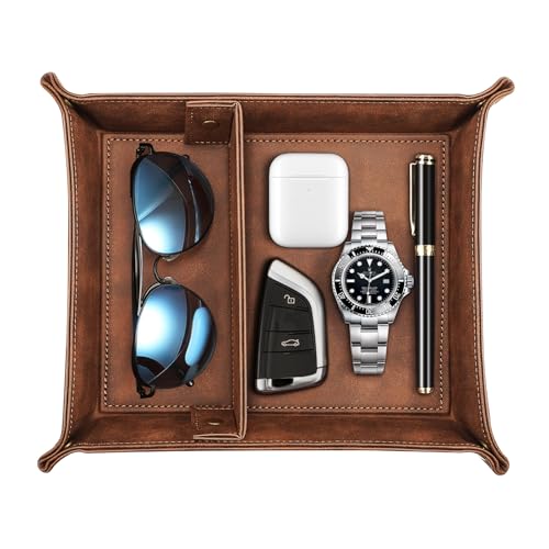 SITHON Valet Tray Desktop Storage Organizer, Removable 2 Compartments Catchall Tray Bedside Vanity Nightstand Caddy Holder Desk Storage Plate, Graduation, Brown - color: Brown