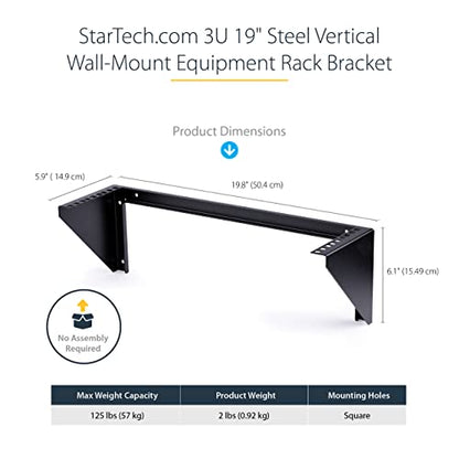 StarTech 3U Vertical Wall-Mount Rack Bracket, 19in, 150lb, TAA (RK319WALLV) - size: 3U
