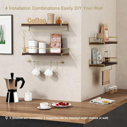 Floating Shelves Bathroom Shelves Over Toilet Set of 2, Bathroom Wall Shelves with Towel Bar, Wall Mounted Vanity Shelf for Bedroom, Kids Room, Kitchen (Brown & Gold) - color: 4. Brown-gold