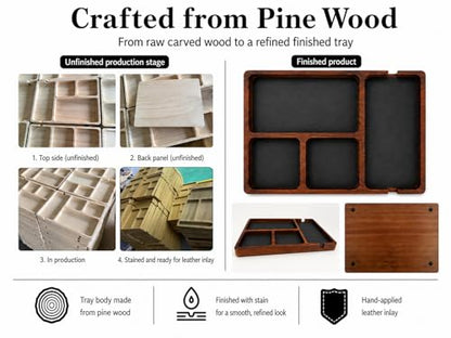 Shinpuru Wooden Valet Tray for Men, Nightstand Organizer with Leather Inlay, EDC Essentials Catchall Tray for Keys, Phone, Wallet, Watch, Earbuds - Bedside Desk Entryway Tray (Wood) - color: Brown