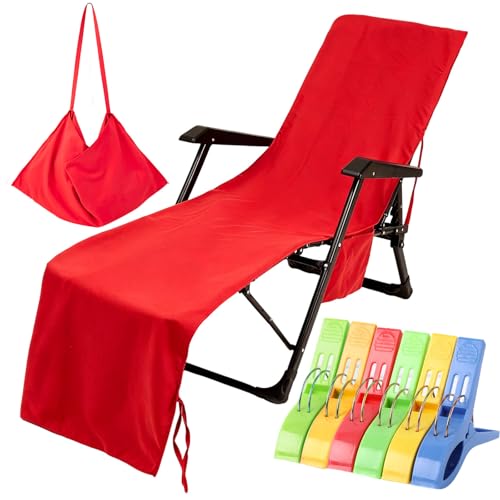 VOCOOL Lounge Chair Beach Towel Cover Microfiber Pool Lounge Chair Cover with Pockets Holidays Red | Quick Dry No Sliding, Beach Chair Towel Cover, Pool Lounge Chair Cover, for Beach Pool Patio Sunbathing Garden Holidays, Red - color: Red