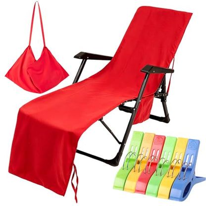 VOCOOL Lounge Chair Beach Towel Cover Microfiber Pool Lounge Chair Cover with Pockets Holidays Red | Quick Dry No Sliding, Beach Chair Towel Cover, Pool Lounge Chair Cover, for Beach Pool Patio Sunbathing Garden Holidays, Red - color: Red