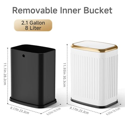 TIPGO Bathroom Trash Can with Lid, 2.1 Gallon / 8 Liter Small Garbage Can, Press Top Bin, Stainless Steel Wastebasket with Pop-Up Lid for Bedroom, Living Room, Office (White) - color: White