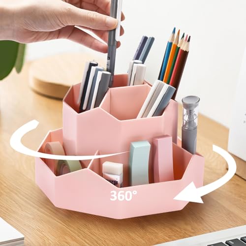 Pencil Pen Holder for Desk, 9 Slots 360 Degree Rotating Desk Organizer, Cute Pen Organizers Stationery Supplies for Office Home & Art Supply (Pink) - color: 9 Slot-Pink