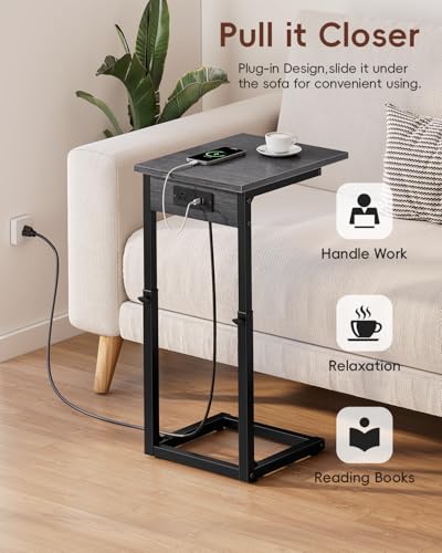 Vagusicc C Shaped End Table with Charging Station, 33" Tall Side Table for Couch, Adjustable Height C Table End Table, Couch Table Slide Under Sofa Table TV Tray Table for Living Room, Gray Walnut - color: Gray Walnut, style: Charging Station