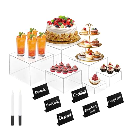 6Pcs Buffet Risers with Mini Sign and Maker, Clear Food Display Risers for Party, Acrylic Risers Display Stand for Buffet Table, Catering Displays for Dessert, Acrylic Boxes with Hollow Bottoms(8",7",6",5",4",3") - color: Clear, size: 3''4''5''6''7''8''