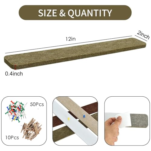 Vuzvuv 8 pcs Bulletin Board Bar Strips with 50 Pushpins & 10 Wooden Clip pins，Self Adhesive Cork Board for Wall，Felt Pin Board for School，Office Decor(Coffee-Brown White) - color: Coffee-brown White