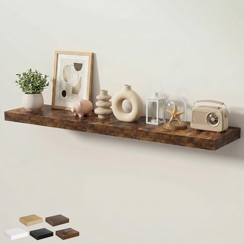 Floating Shelves for Wall 55 in x 9.3 in Deep, Wall Mounted Rustic Wood Shelf with Invisible Brackets for Storage & Display, Living Room Bedroom Bathroom, Brown, 1 Pack - color: Rustic Brown, size: 55 Inch, 1 pack