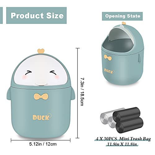 Cute Desktop Trash Can Wastebasket and 120 Trash Bags, Creative Mini Garbage Can with Lid for Countertop Table, Tiny Plastic Storage Bin for Office, Kids Bedroom, 13 * 13 * 18.5cm (Green)
