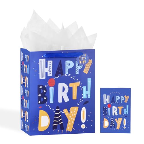 Powbrace 13" Blue Happy Birthday Bag with Tissue Paper and Greeting Card for Party,Happy Birthday Gift Bag for Boys, Girls, Kids, Men Women,Gift Bags Medium size (1 PCS Blue, Gift Bag) - color: 1 PCS Blue Gift Bags, size: 1 count (Pack of 1)