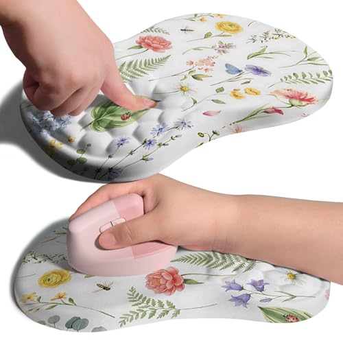 Ergonomic Joint Wrist Support Mouse Pad with Memory Foam Cushion Massage Bump, Carpal Tunnel Pain Relief Mousepad Slope Design for Wrist Rest, 11.8x7.9 in, Bee Butterfly Flower - color: Bee Butterfly Flower