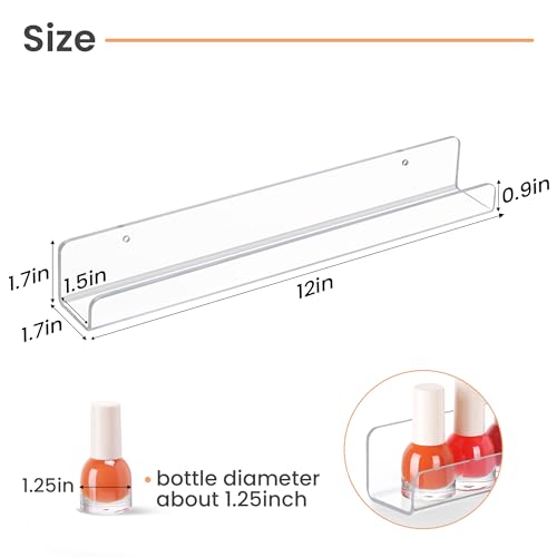 upsimples 6 Pack Narrow Clear Acrylic Shelves, 12" x 1.7" Small Wall Shelf for Nail Polish, Vinyl Wall Mount, Record Holder, Magazine Rack, Comic Display, Picture Ledge Shelf