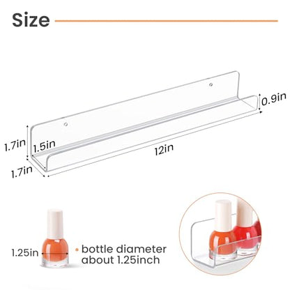 upsimples 6 Pack Narrow Clear Acrylic Shelves, 12" x 1.7" Small Wall Shelf for Nail Polish, Vinyl Wall Mount, Record Holder, Magazine Rack, Comic Display, Picture Ledge Shelf