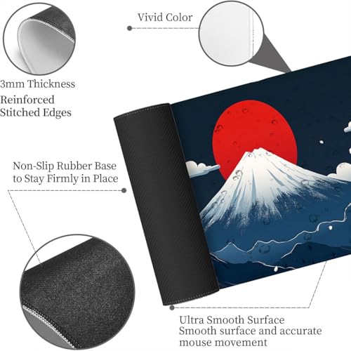Mount Fuji Mouse Pad Large Red Sun Sakura Blossom Japanese Minimalist Gaming Mouse Pad Mat with Stitched Edge Non-Slip Base 31.5x11.8 Inch - color: Mount Fuji