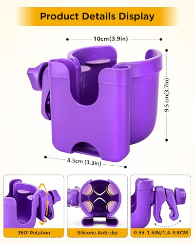 Universal Stroller Cup Holder with Mobile Phone Case, 2-in-1 Strollers Storage Rack, 360 Degrees Rotation Drink Holder for Bike, Pushchair, Wheelchair, Walker,Bicycle, Fits Most Cups (Purple) - color: PURPLE