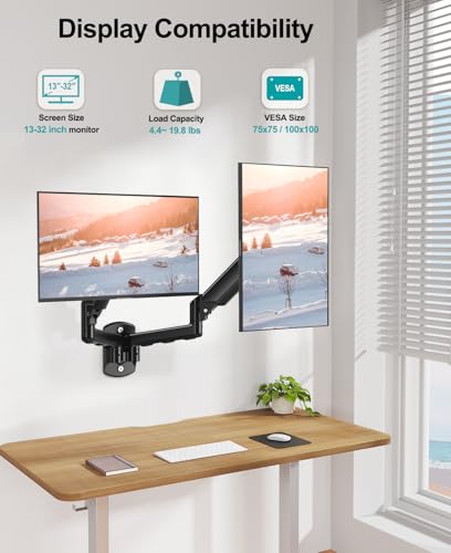 MOUNT PRO Dual Monitor Wall Mount for 2 Computer Screen up to 32 Inch, Gas Spring Double Monitor Arm Holds Up to 19.8lbs Each, Full Motion Adjustable Wall Monitor Mount, VESA Mount 75x75/100x100 - color: Black, size: Dual