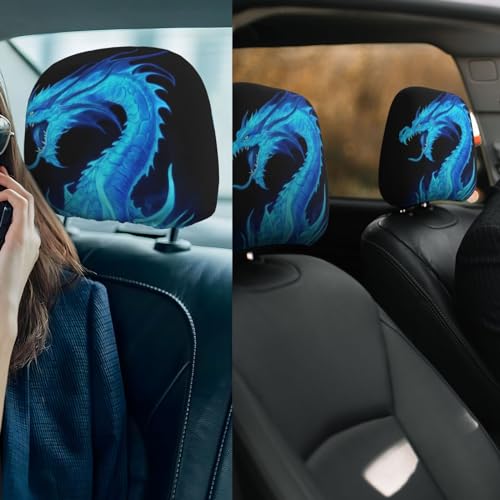 Dujiea 2 Pack Fire Blue Dragon Car Headrest Covers, Universal Soft Car Seat Head Rest Cover Protector, Vehicle Accessories Fabric Headrest Cover for Cars Vans Trucks - color: Fire Blue Dragon