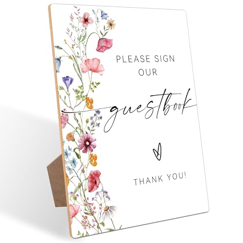 Please Sign Our Guestbook, Wedding Guest book Sign, Flowers Bridal Shower Decorations, Engagement Party Decorations, Boho Wooden Sign with Stand for Wedding Reception And Bridal Party Decor, 14 - color: Please Sign14