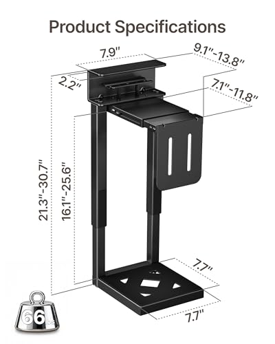 monTEK Under Desk PC Mount, Heavy Duty Adjustable PC Holder for Standing Desk & Home Office, Fits Most PC Cases 16.1”-25.6” (H), Space Saving CPU Mount, No-Drill Installation, 66 lbs, Black - color: Black