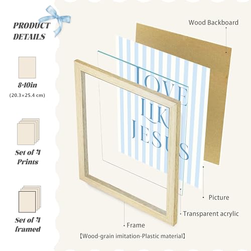 LARTSFRO Coquette Blue Bow Jesus Wall Art Decor Posters, Light Blue Bow Room Bedroom Bathroom Dorm Wall Art Decor Aesthetic for College Teen Girls Gifts, Inspirational Bible Verses Bow Wall Decor, 10x8 Inch Set of 4 Bow Pictures (WOOD-GRAIN IMITATION FRAM