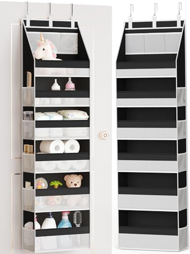 Criusia Over the Door Organizer, Heavy-Duty 6-Shelf Hanging Storage with 13 Mesh Pockets, 55lbs Capacity Behind the Door Storage for Nursery, Bathroom, Bedroom, and Dorm, Black - color: Black, size: 1 PACK