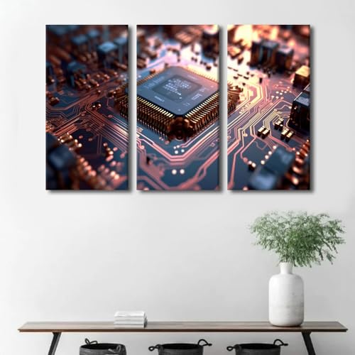 3 Pieces CPU Large Canvas Wall Art Microchip Processor Canvas Wall Art CPU Concept Contemporary Home Decor Wall Art for Living Room Pictures Posters Art Prints Framed Ready to Hang (60"Wx40"H - color: Artwork-04, size: 60"Wx40"H