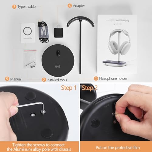 Miroddi Headphone Stand with Wireless Charger, Independent USB Charging Port, 5 in 1 Charging Station Headset Holder Rack for AirPods Max/Pro/4/3/2, iWatch, iPhone, Samsung and Desk Headphones, Black - color: Black-Upgrade