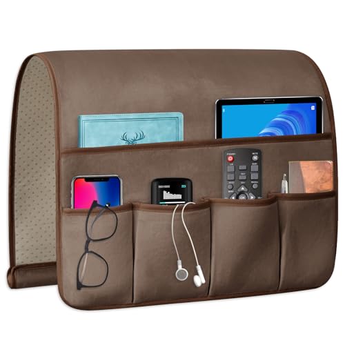 TV Remote Control Holder Couch Caddy, Non-slip Bedside Caddy Organizer with 5 Pockets for Key Glasses Phone Magazine Holders (Brown, 35''x18'') - color: Brown, size: 35"x18"