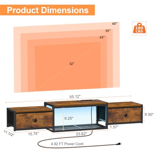 Snughome Floating TV Stand with Power Outlet 55", Wall Mounted Entertainment Center with LED Lights, Floating TV Shelf with Drawer, Wall Mounted Media Console Shelf for Living Room, Bedroom - color: Rustic Brown, size: 55.12" x 11.02" x 6.5"