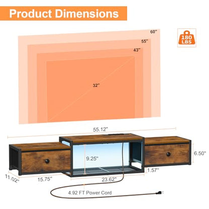 Snughome Floating TV Stand with Power Outlet 55", Wall Mounted Entertainment Center with LED Lights, Floating TV Shelf with Drawer, Wall Mounted Media Console Shelf for Living Room, Bedroom - color: Rustic Brown, size: 55.12" x 11.02" x 6.5"