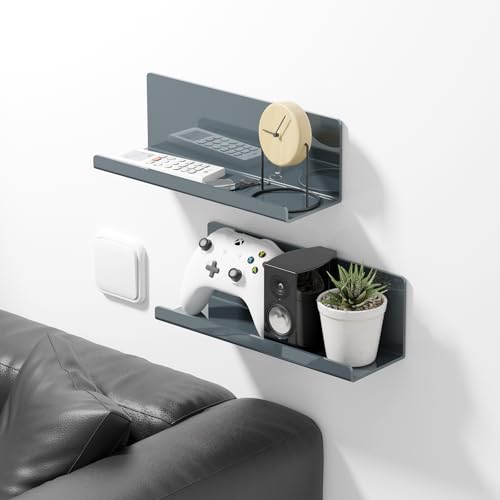 PAVSTINE Adhesive Floating Shelves for Wall No Drilling, 12 Inch Acrylic Self Adhesive Shelves, Stick on Shelves, Dorm Wall Shelf, for Bathroom, Kitchen, Bedroom, Office, Gaming Room, Gray - color: Grey