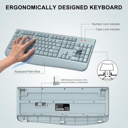 Wireless Keyboard and Mouse Combo, ULSOU 2.4G Full-Sized Ergonomic Computer Keyboard with Wrist Rest and 3 Level DPI Adjustable Wireless Mouse for Windows, Mac OS Desktop/Laptop/PC(Grey) - color: Grey