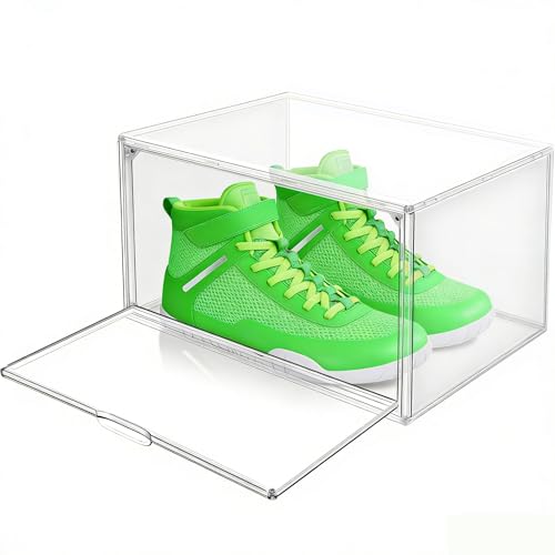 Clear Shoe Boxes Plastic Stackable ‌Shoe Cabinet‌ with Acrylic Magnetic Lids Drop Side Sneaker Display Case for Closet, Entryway, Fits Men's or Women's Shoes up to Size 12.5 (14.17''x10.62''x8.07'') - color: Clear, size: Medium-Large