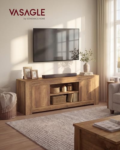 VASAGLE TV Stand, Farmhouse Entertainment Center with Storage Cabinets, Media Console Table for Living Room, Bedroom, for 65 Inch TV, 58 x 15.7 x 23.6 Inches, Honey Brown ULTV623K101S - color: Honey Brown, size: 58"L