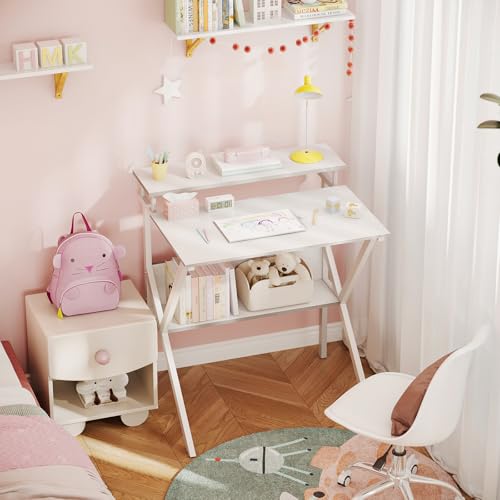 ODK Small Computer Desk, 27.5 inch Desk for Small Spaces with Storage, Compact Table with Monitor & Storage Shelves for Home Office, Modern Style Laptop Desk, Pure White - color: Pure White