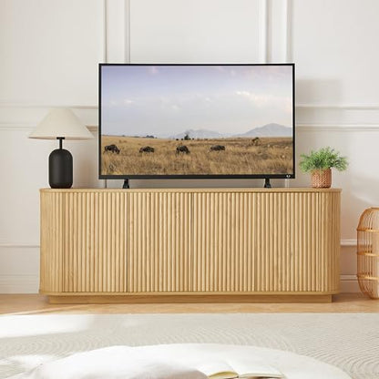 64" Modern TV Stand Sideboard Storage Cabinet, Wooden Curved TV Console with Sliding Doors, Wave Pattern Buffet Cabinet Wooden Vertical Striped Table for Kitchen/Bedroom/Entryway (Natural) - color: Natural