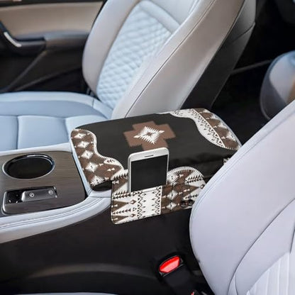 Wanyint Southwest Aztec Black Brown Car Center Console Cover Comfortable Armrest Storage Box Mat Anti-Scratch Middle Console Cover Protective Cover Universal Fit Most Vehicle, SUV, Truck - color: Southwest Aztec Black Brown