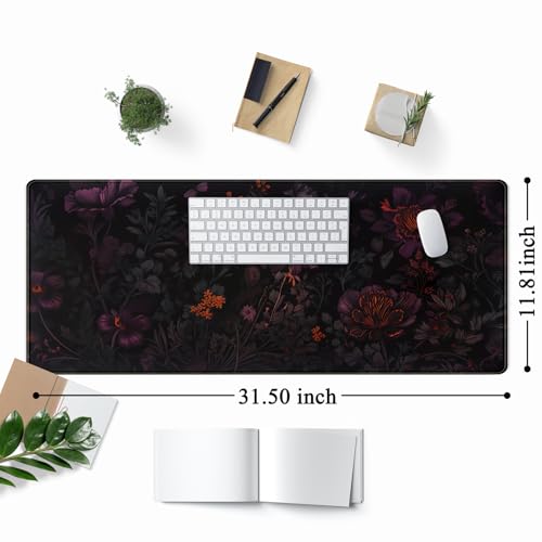 Dark Cottagecore Desk Mat Black Purple Flower XL Mouse Pad Large Gaming Mousepad Extended Vintage Aesthetic Desk Pad Keyboard Mouse Mat 31.5 x 11.8 in for Work Game Office Decor - color: Cottagecore