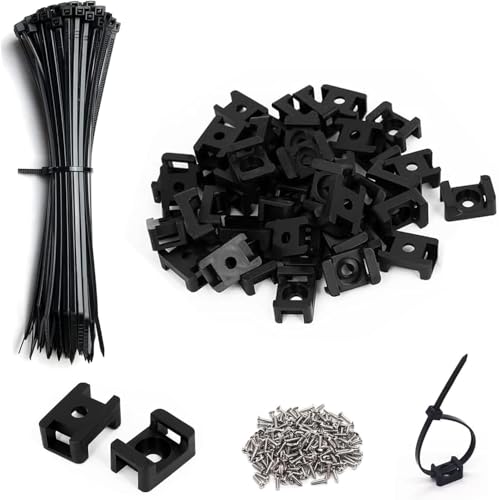 Black Cable Zip Tie Mounts Kit-100 Pcs Cable Zip Tie Saddle Type Mounts Base with 100 Pcs 8" Cable Ties and 100 Pcs Tapping Screw, Wire Cable Clips Organizer Holders Clamps - size: H1-100PCS