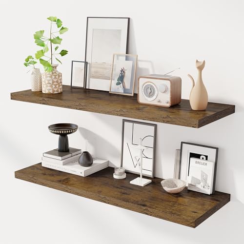 Dreamland 40" Floating Shelves for Wall, 12" Deep Slim Rustic Brown Floating Shelves, Wall-Mounted Shelves for Bedroom, Living Room, Kitchen, Bathroom - Set of 2