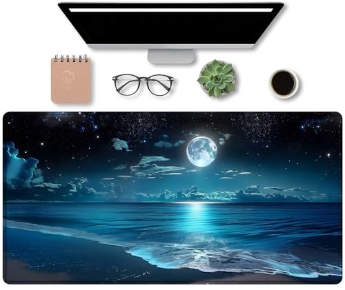 Moon Illuminating The Clear Blue Ocean Design Large Mouse pad,Large Extended Gaming Mouse Pad with Stitched Edges,Non-Slip Natural Rubber Base,Waterproof Computer Mouse Pad Keyboard Mat - color: D4