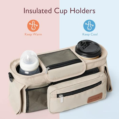 Momcozy Universal Baby Stroller Organizer, 2 Insulated Cup Holder, Detachable Zippered Pocket, Adjustable Shoulder Strap, Large capacity for baby essentials, Compact Design Fits Any Strollers - color: Khaki