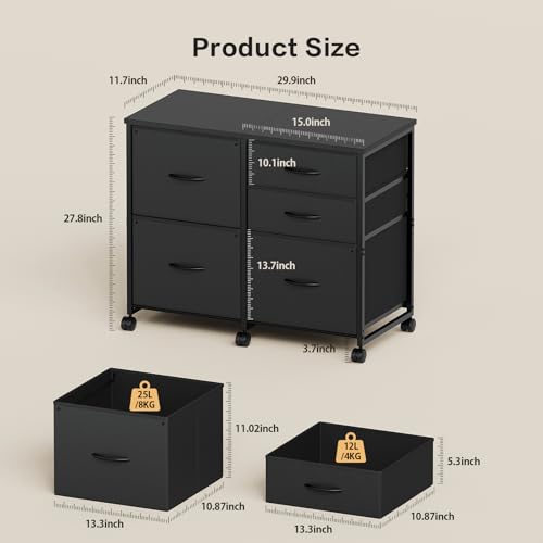 YeTom Lateral File Cabinet with 5 Drawers Rolling Filing Cabinets Under Desk Storage Printer Stand with Wheels,Mobile File Cabinet for Home Office,Black - color: Black