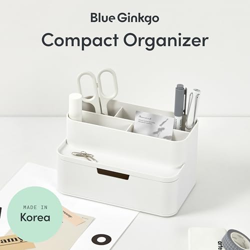 BLUE GINKGO Compact Desk Organizer – Small 5-Compartment, Half Drawer Storage – Pen Holder, Stationery Organizer for Desktop, Vanity, Shelf (Made in Korea, White) - color: WHITE, size: Compact